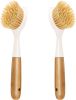 2 Pack Kitchen Dish Brush Bamboo Handle Dish Scrubber Built-in Scraper, Scrub Brush for Pans, Pots, Kitchen Sink Cleaning