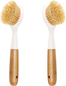 2 Pack Kitchen Dish Brush Bamboo Handle Dish Scrubber Built-in Scraper, Scrub Brush for Pans, Pots, Kitchen Sink Cleaning
