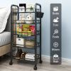 5 Tier Rolling Utility Cart with Wheels, Heavy Duty Metal Storage Organizer Trolley with Hooks and Removable Baskets