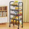 5 Tier Rolling Utility Cart with Wheels, Heavy Duty Metal Storage Organizer Trolley with Hooks and Removable Baskets