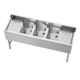 3 Compartment Sink, 18-Gauge 304 Stainless Steel, 10" x 14" x 10" Bowl Size (size: 60 x 18.5 inch)
